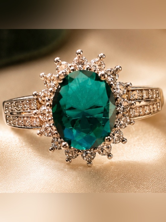 Jewelry - New Emerald Green Oval Halo Statement Ring Silver Tone Size 7